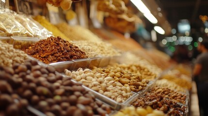 Spices and nuts displayed on market stall attracting customers