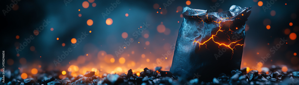 Poster a futuristic scene featuring glowing elements and dynamic textures in a dark environment.