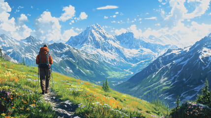 Backcountry Hiking Adventure: A Man Climbing a Mountain with a Backpack, Capturing the Essence of Wilderness, Nature, and Outdoor Exploration in Stunning Detail and Vibrant Colors