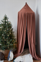 Christmas children's room and bedroom. White, brownand tiffany decor christmas tree background. New...