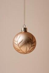 Hanging mat, beige Christmas ornament with glittery dark beige leaves on a subtle background. Sales, wallpaper vibe.