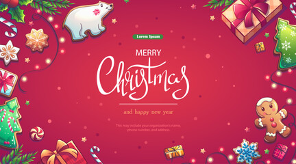 Merry Christmas and Happy New Year horizontal greeting card