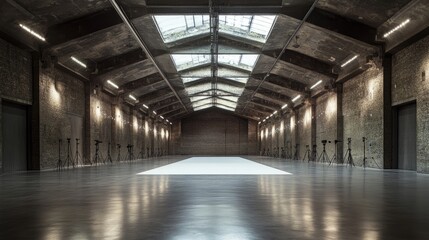 A well-equipped studio with tripods, a seamless white backdrop, and an industrial ceiling, offering a clean and functional space for photography.