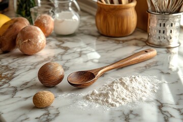 Wooden Spoon and Flour on a Marble Countertop