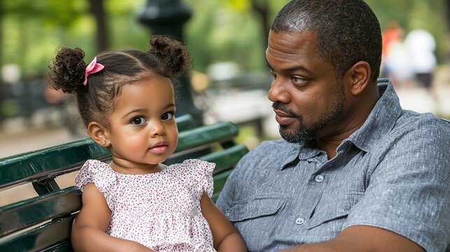 Loving father and daughter sharing a tender moment on a park bench.