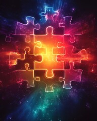 Obraz premium A glowing puzzle with radiant, gradientcolored pieces, set against a vibrant, dynamic background symbolizing reasoning and logic