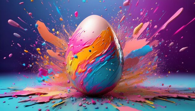 A bursting Easter egg, projecting pastel paint shards in all directions, captured in motion.