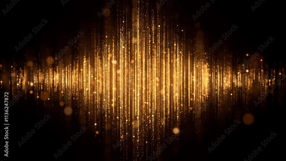 Poster gold background with shiny sparkles. bright golden rays of light with glitter particles motion textu