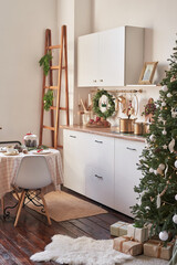 Christmas kitchen and table. Red, green and white decor christmas tree background. New Year celebration. Merry Christmas and Happy New Year.