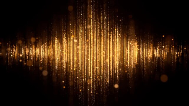 Gold background with shiny sparkles. Bright golden rays of light with glitter particles motion texture. Holiday event celebration title screen concept. Seamless loop.