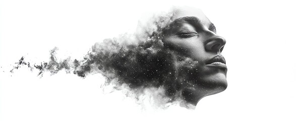 Fototapeta premium A human face intertwined with a nebula of stars, isolated on a pure white background, symbolizing the vastness of human potential and the cosmos