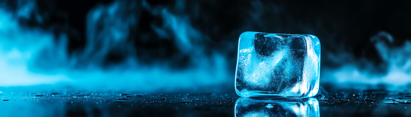 A close-up of a clear ice cube on a reflective surface with a smoky blue background.
