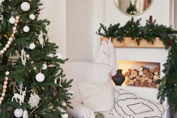 Christmas scandinavian living room. Green and white decor christmas tree background. New Year celebration. Merry Christmas and Happy New Year.