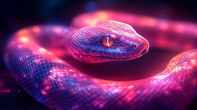 Neon glowing snake outline with bright electric lines on a sleek colorful gradient background
