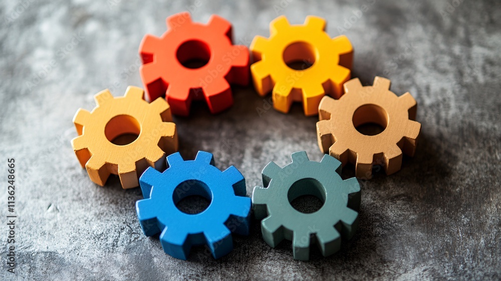 Poster colorful interlocking gears representing teamwork and collaboration