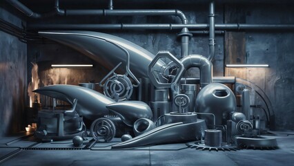 Fototapeta premium Futuristic Metal Machinery Still Life, Abstract Industrial Design