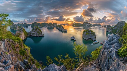 A stunning panoramic view of Halong Bay during sunset, with the sky glowing in shades of orange and pink, and the serene waters reflecting the majestic islands.