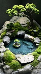 A serene miniature landscape featuring a pond, rocks, moss, and a bonsai tree.