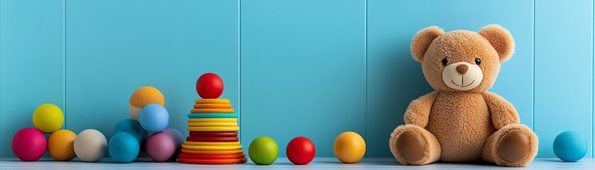 Baby toys frame featuring teddy bears, colorful educational wooden toys, sensory sorting, and stacking toys for children, set on a light blue background