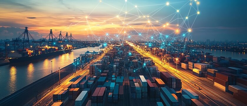 Business logistics technology interface, global partner connections with a futuristic digital network, hightech global business concept