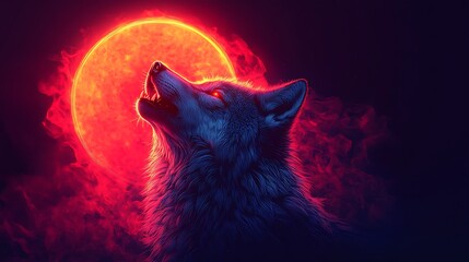 Colorful abstract gradient background with glowing neon outline of a wolf howling in modern style