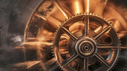 Close-up of a Bronze Gear Mechanism, Industrial Design Background