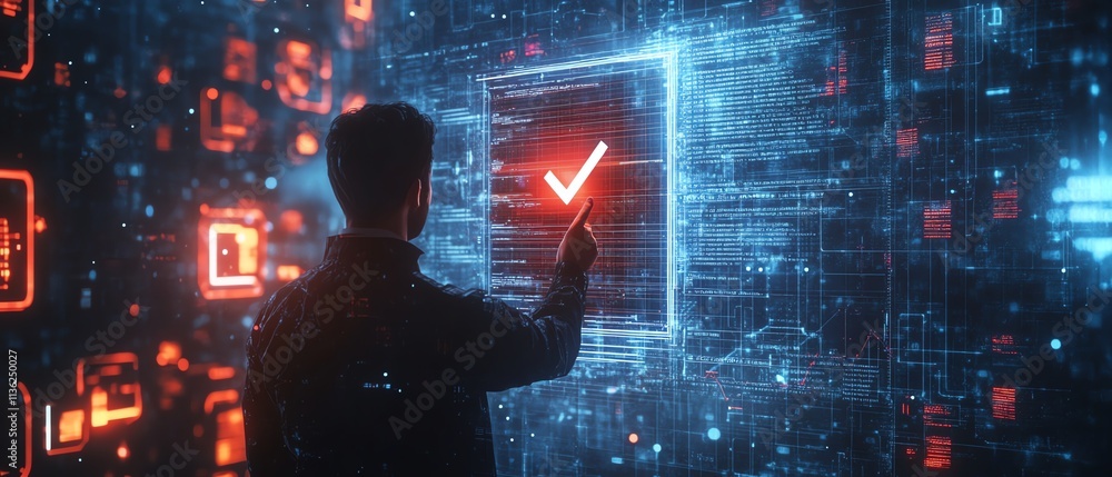 Leinwandbilder Digital documents and files with a verification check symbol, mans hand touching the mark, holographic technology background with space for text
