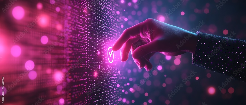 Aufkleber Digital documents and files with a verification check symbol, mans hand touching the mark, holographic technology background with space for text