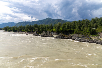 Dragon's teeth rocks on the Katun River. Manzherok village, Altai republic, Russia