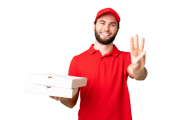 pizza delivery man with work uniform picking up pizza boxes over isolated chroma key background happy and counting three with fingers