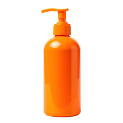 Front view of a orange shampoo bottle with no labels isolated on a white transparent background.