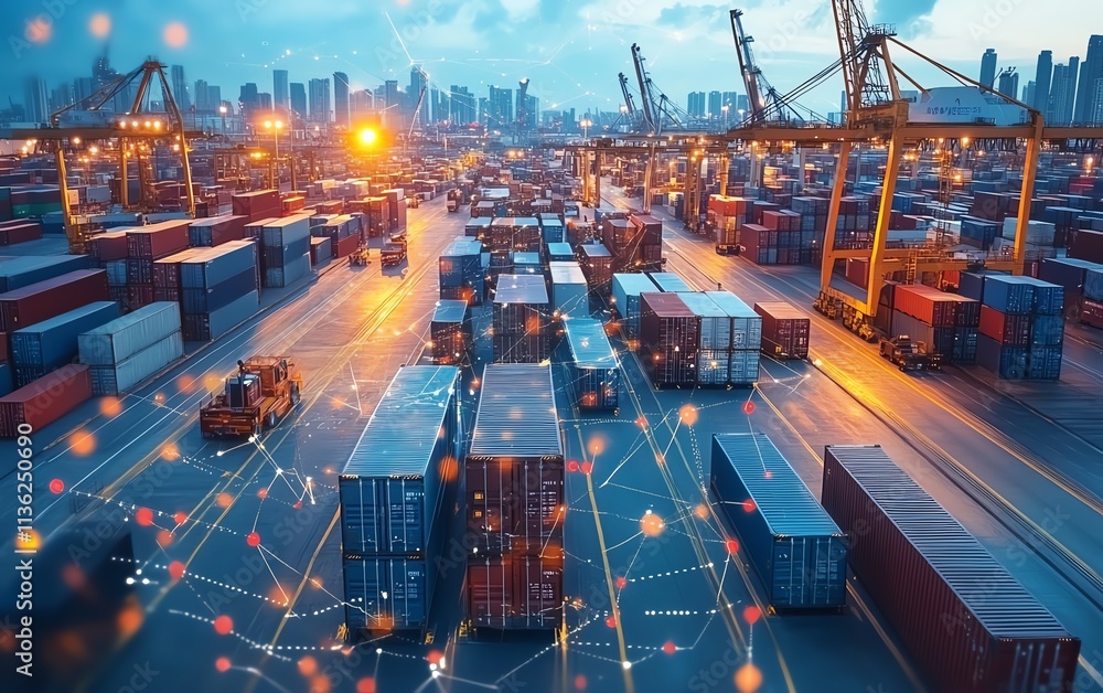 Poster global business logistics concept, advanced technology interface, seamless connections between partn