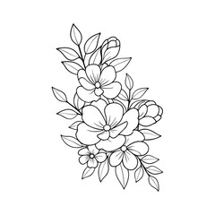 Hand-drawn black flowers bouquet, illustration outline image, Botanical bunch with flowers and leaves , Minimalist contour drawing of flower.  Thin line drawing of flower botany.