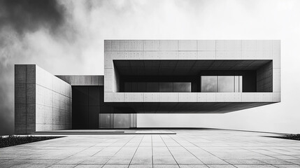 Modern concrete architecture features an angular structure against a cloudy sky