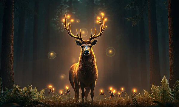 A majestic stag with moss-covered antlers, each tip glowing faintly with golden light, standing in a misty woodland clearing. Around its hooves, small magical creatures resembling leaf sprites peek 