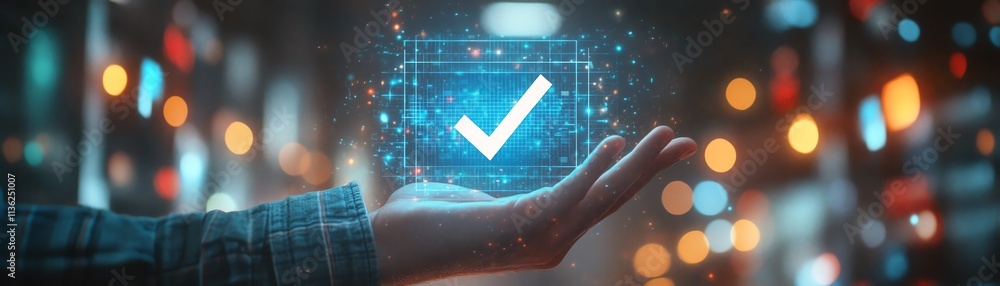 Poster hand of a man touching a check symbol, verification mark, surrounded by digital documents, files, an