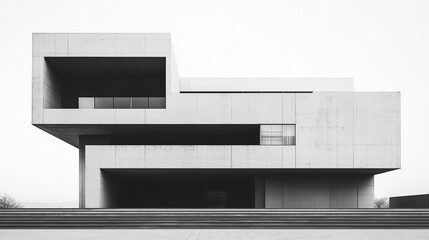 Monochrome architectural design featuring clean lines and geometric shapes in a minimalist setting