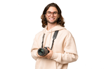 Young photographer man over isolated background with arms crossed and looking forward