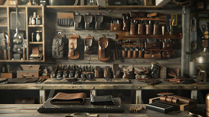 A rustic leather workshop displays handcrafted wallets and belts, with the artisan stamping initials onto a finished product for a customer.