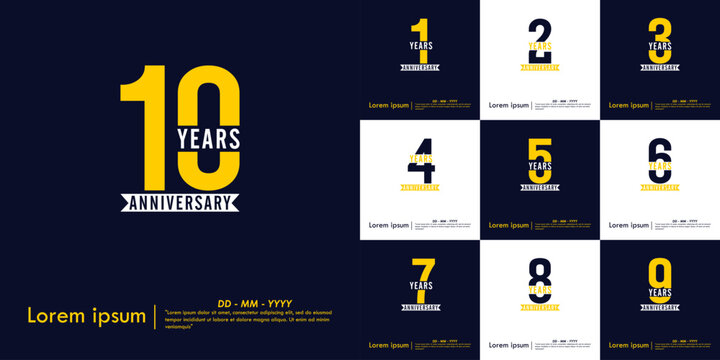 Set of 1-10th years anniversary celebration emblem. anniversary logo isolated with white ribbon on dark blue background. vector illustration template design for web, flyers, poster, greeting card
