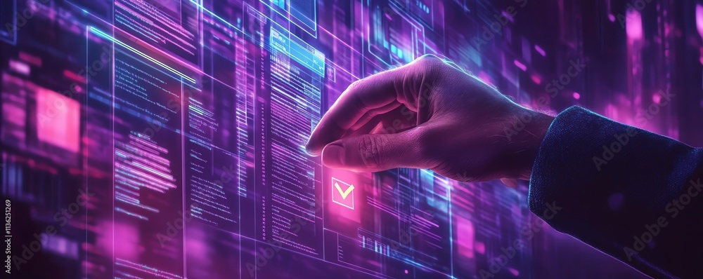 Aufkleber Interactive technology background featuring a man s hand touching a verification check mark, digital documents, and holographic elements