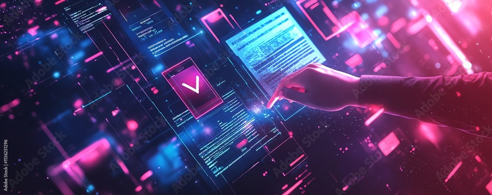 Poster Interactive technology background featuring a man s hand touching a verification check mark, digital documents, and holographic elements