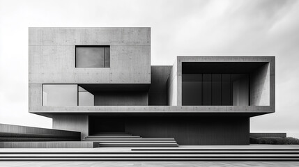 Monochrome modern architecture featuring clean lines and geometric forms set against a clouded sky