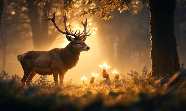 A majestic stag with moss-covered antlers, each tip glowing faintly with golden light, standing in a misty woodland clearing. Around its hooves, small magical creatures resembling leaf sprites peek 