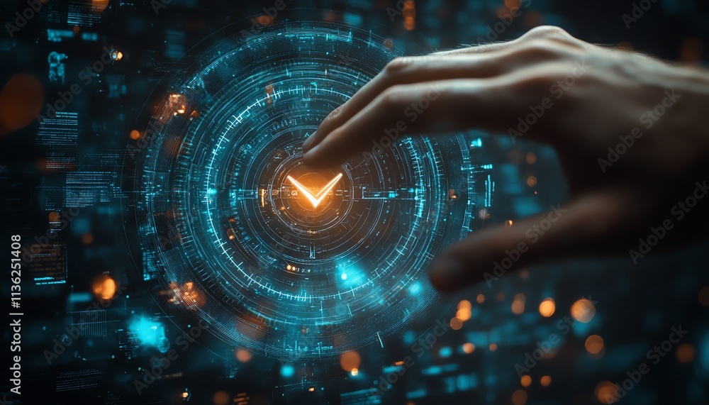 Poster Man s hand activating a verification check mark, digital documents and holograms, technologythemed background with copy space for text