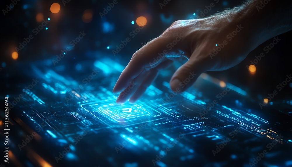 Poster Man s hand activating a verification check mark, digital documents and holograms, technologythemed background with copy space for text