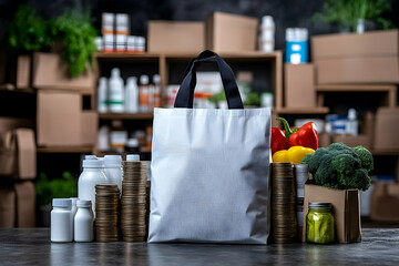Blank tote bag with groceries and supplements.