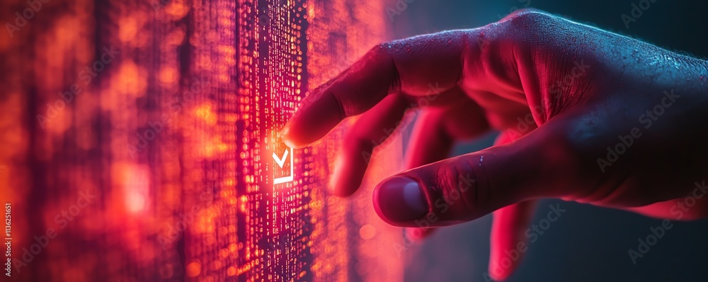 Poster Mans hand pressing verification check symbol, digital files, documents, and holograms, modern technology background with copy space for text