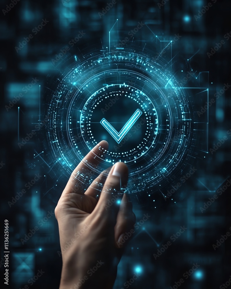 Aufkleber Man s hand touching a check symbol, verification mark, digital files, hologram interface, technology background with clean copy space