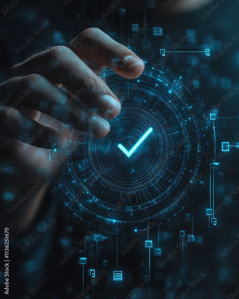 Poster man s hand touching a check symbol, verification mark, digital files, hologram interface, technology